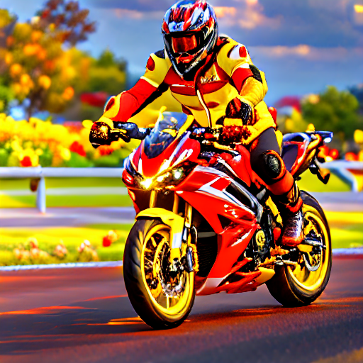 059_yellow and red motorcycle with a man riding on it next to grass.png